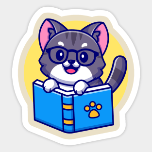 Cute Cat Reading Book Cartoon Sticker